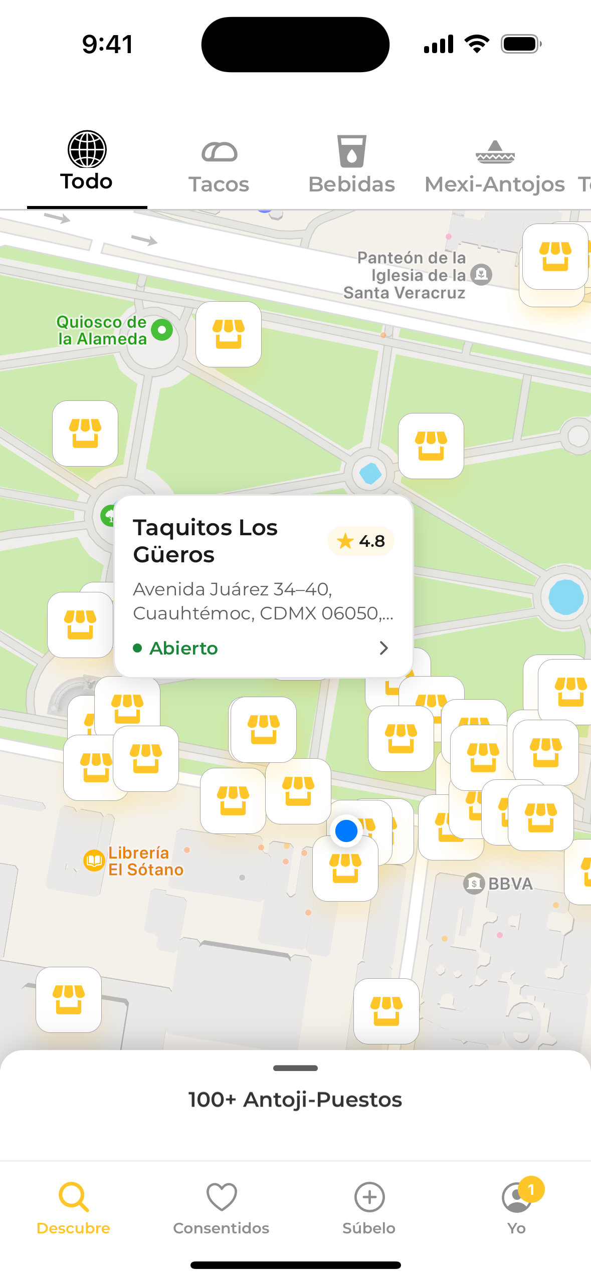 Mapa interactivo de Antojify mostrando puestos cercanos con calificaciones